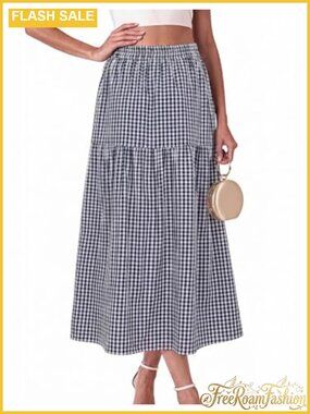 Gingham Plaid Maxi Skirt Pockets High Waisted Long Flowy A-Line Ruffle Tiered